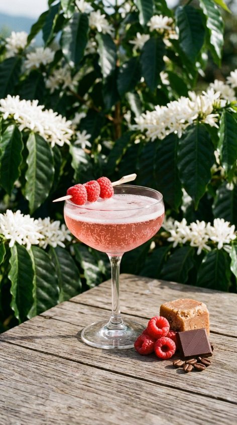 Pink Bourbon, served as a raspberry champagne, among coffee flowers